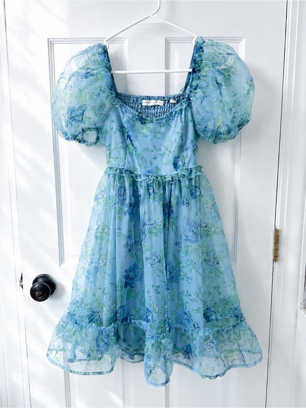Altar’d State Blue Floral Puff Sleeve Open Back Mini Dress S